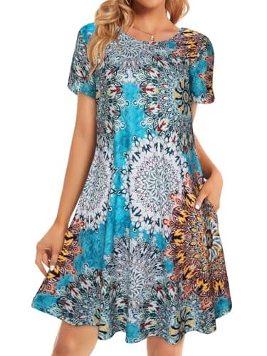 Boho Dresses for Women Summer Spring Sun Beach Tshirt Tie Dye Short Sleeves with Pocket(Bohemian Blue,XL) - Image 1