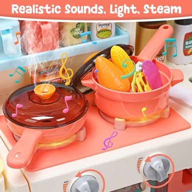 HOLYFUN Kids Kitchen Playset, Kitchen Set for Toddler with Sound and Light, Cooking Stove with Steam, Play Sink and Toy Kitchen Accessories, Pretend Kitchen Toys for Kids Girls Boys, Pink - Image 3