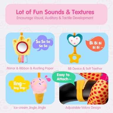 hahaland Car Seat Toys for Babies 0-6 Months Girl - Baby Toys 3-6 Months - Rattle, Mirror, Crinkle, Squeaky Carseat Stroller Toy 0-6 Months Developmental Newborn Baby Girl Birthday Gifts - Image 4