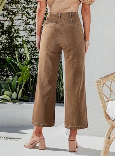 Sidefeel Women's Wide Leg Jeans High Waisted Stretchy Zimbaplatinum Straight Leg Jeans Buttoned Loose Denim Pants with Pocket Brown Size 14 - Image 2