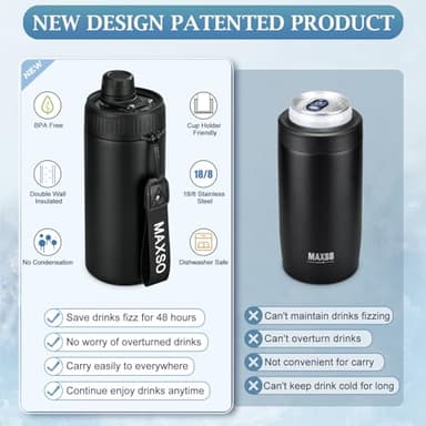 MAXSO Sealed Can Cooler Fizz Lid Can Cover for 12 oz Regular, Slim Skinny Cans & As Thermal Bottle, 4-in-1 Insulated Vacuum Stainless Steel Carbonated Cold Drink Holder - Black - Image 3