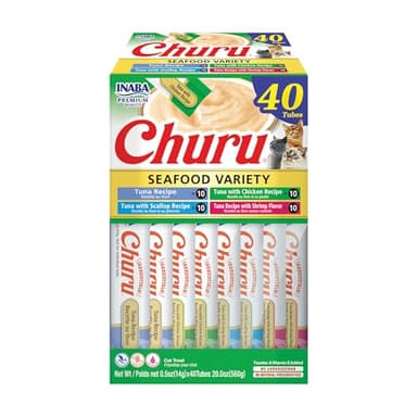 INABA Churu Cat Treats, Grain-Free, Lickable, Squeezable Creamy Purée Cat Treat/Topper with Vitamin E & Taurine, 0.5 Ounces Each, 40 Tubes, Tuna & Seafood Variety Box - Image 1