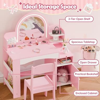 MU Kids Vanity with Lights, Princess Makeup Vanity Desk with Open Bookshelf, Storage Cabinet & Shelves, 2 in 1 Toddler Vanity Table & Chair Set with Lighted Mirror for Little Girls, Pink - Image 2
