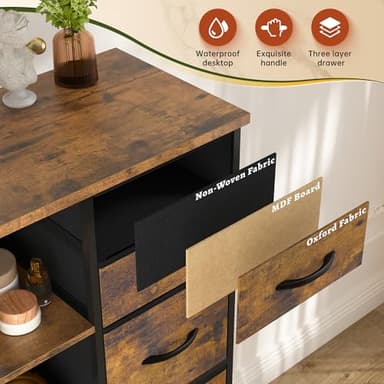 EnHomee 51" H Dresser with 15 Drawers Dresser for Bedroom with Charging Station & LED Lights & Hutch Sturdy Fabric Bedroom Dressers, Steel Frame, Wood Top, Rustic Brown, 51.2" H x 39.3" W x 11.8" D - Image 7