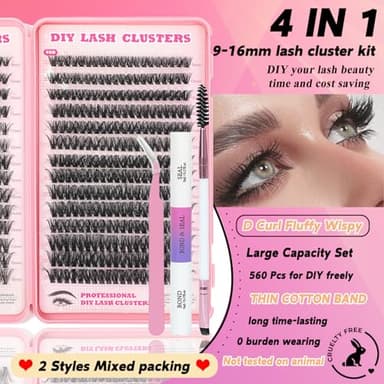 Lash Clusters Kit, 560 Pcs Eyelashes Clusters Kit 9-16mm Individual Lash Extension Kit D Curl Fluffy Wispy False Eyelashes (50D+60D New, Lash Clusters Kit) - Image 2