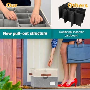 RONCHIL Shoe Organizer for Closet, Foldable Shoe Storage Bins with Clear Cover, Space Saving Shoes Holder with 4 Handles, Large Adjustable Shoe Box Storage Containers, Fits 8-16 Pairs, 2 Pack, Beige - Image 3