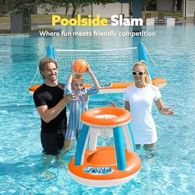 JOYIN Inflatable Pool Float Set Volleyball Net & Basketball Hoops, Floating Swimming Game Toy for Kids and Adults, Summer Floaties, Volleyball Court (105”x28”x38”)|Basketball (27.6”x23”),L-Orange - Image 2