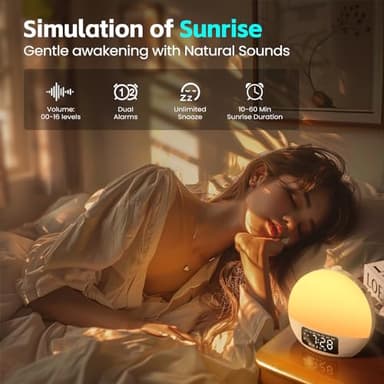 Geuuap Sunrise Alarm Clock White Noise Sound Machine with 25 Soothing Sounds, 17 Night Lights, Bluetooth Speaker Wake Up Light Alarm Clock for Bedrooms, Heavy Sleepers, Baby, Kids - Image 2
