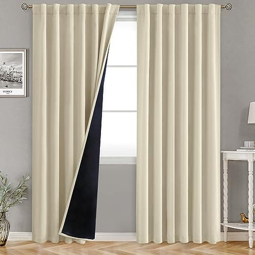 BGment Beige Full Blackout Curtains with Thermal Insulation Liner Curtains 90 Inches Long, Rod Pocket and Back Tab Double Layer Room Darkening Window Curtain for Bedroom(52 x 90 Inch, 2 Panels, Beige) - Image 1