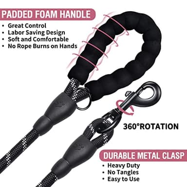 COOYOO 2 Pack Dog Leash 6 FT Heavy Duty - Comfortable Padded Handle - Reflective Dog Leash for Medium Large Dogs with Collapsible Pet Bowl Set 1-Black+Pink - Image 5