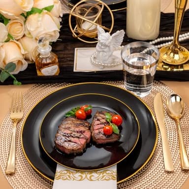 Supernal 350pcs Black & Gold Plastic Dinnerware Set, Elegant Black Plates with Golden Edges, Gold Plastic Silverware, Durable Tableware Perfect for Birthdays, Parties, Wedding, Celebration - Image 4
