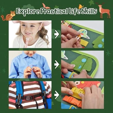 Silouka Toddler Busy Board Montessori Toys, Sensory Board Busy Book, Busy Board for Toddlers 2-4, Preschool Learning Activities with Life, Forest Animals Green, 8 Pages and 2 Pages Sensory Mats - Image 4