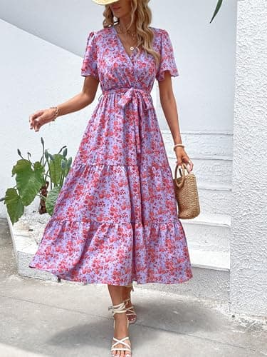 MASCOMODA Womens Summer Boho Maxi Dress Floral Wrap V Neck Flutter Short Sleeve Tie Waist A Line Tiered Flowy Long Dresses(Purple and Red,XX-Large) - Image 2