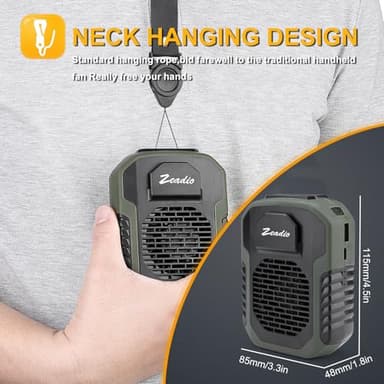 Zeadio Portable Waist Clip Fan, 3 Speeds 6000mah Battery Operated Hands-free Wearable Necklace Fan With Charging Function, for Hot Flashes Home Office Travel Outdoor Sports - Green - Image 6