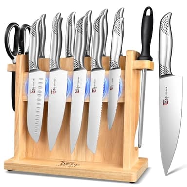 Japanese Knives Set for Kitchen, Magnetic Knife Set with Block and Sharpener, Stainless Steel Knife Set as Gift for Couple, Wedding, Women or Mom with Gift Box, 14 PCS Black Dot - Image 1