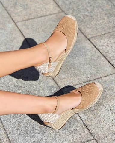 Coutgo Womens Platform Wedge Sandals Espadrilles Raffia Closed Toe Heels Ankle Buckle Strap Summer Beach Shoes, Brown, size 10 - Image 2