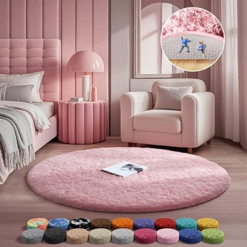 Ophanie Pink Round Rug for Bedroom Girls, Kids Fluffy Kawaii Fuzzy Furry Shag Area Rug, Cute Plush Soft Shaggy Bedside Circular Rugs 4Ft, Carpet for Teen Nursery Dorm Home Room Decor Aesthetic - Image 1