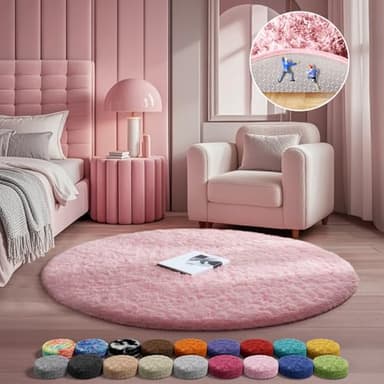 Ophanie Pink Round Rug for Bedroom Girls, Kids Fluffy Kawaii Fuzzy Furry Shag Area Rug, Cute Plush Soft Shaggy Bedside Circular Rugs 4Ft, Carpet for Teen Nursery Dorm Home Room Decor Aesthetic - Image 1