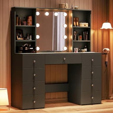 LINSY HOME Vanity with Storage, Black Makeup Vanity with Mirror and Lights, 47" Make Up Vanity Desk with Drawers, Shelves & Charging Station, Modern Large Vanity Table for Bedroom, Women, Girls - Image 7