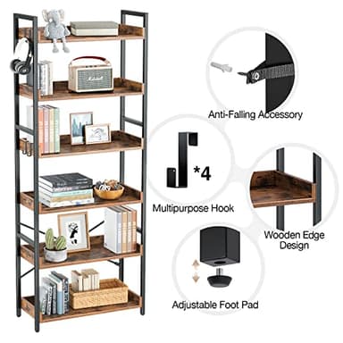 Rolanstar Bookshelf 6 Tier with 4 Hooks, Industrial Wood Bookcase, Vintage Storage Rack with Open Shelves, Rustic Standing Bookshelves Metal Frame Display Rack for Living Room, Bedroom, Rustic Brown - Image 4