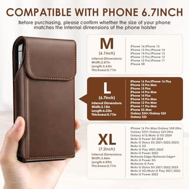 Cverny Leather Phone Holster, Universal Leather Holster Compatible with iPhone 16, 16 Pro Max, iPhone 15 Pro Max, 15 Plus... Galaxy S24... Cell Phone Holster with Belt Clip for Men Coffee (L) - Image 2