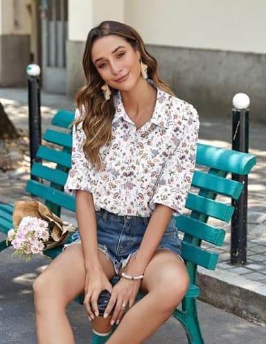 Zeagoo Cotton Button Down Shirts for Women Summer Linen Blouses Long Sleeve Patterned Tops White Floral - Image 6