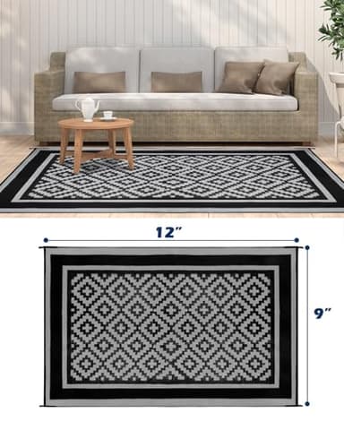 Kohree RV Outdoor Rug 9x12 Reversible, Waterproof Patio Mat with 4 Stakes & UV Fade Resistant, Non-Slip Outdoor Camping Mat for Deck, Picnic, Backyard, Includes Carry Bag (Black & Gray) - Image 2