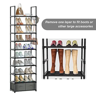 OYREL Tall Shoe Rack Narrow 10 Tier Shoes Rack 20 25 Pairs, Shoe Storage Organizer for Closet, Sturdy Metal Shoe Shelf Shoe Stand with 2 Boxes 1 Hook - Image 7