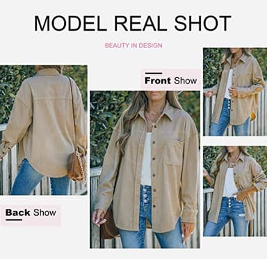 Dokotoo Womens V Neck Roll Up Long Sleeve Pocket Corduroy Shirts Casual Boyfriend Button Down Petite Blouses M Light Brown - Image 3