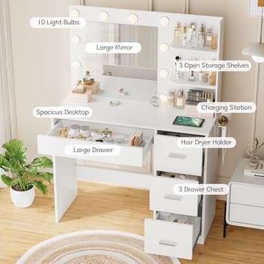 YESHOMY Vanity Desk with Mirror, 10 Lights, Power Outlet and 3 Storage Shelves, Makeup Table with 4 Drawers, 3 Color Modes, for Bedroom, White - Image 4