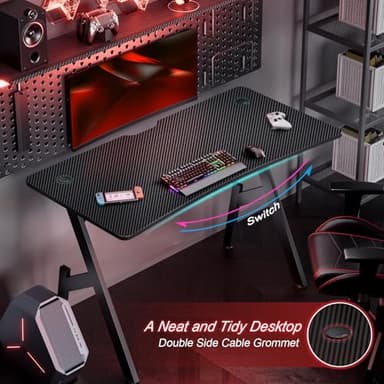 HLDIRECT 47 Inch Gaming Desk, Large Computer Gaming Desk Table with Cable Management, Ergonomic Carbon Fiber Gamer Table Pc Work Home Office Desks with Cup Holder & Headphone Hook & Mouse Pad, Black - Image 6