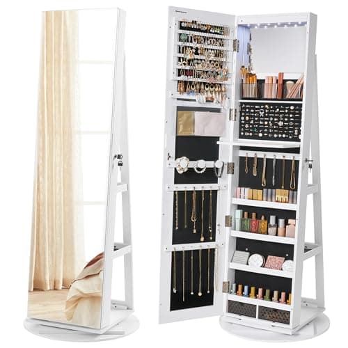 SONGMICS 6 LEDs Lockable Mirror Jewelry Cabinet, 360° Swivel Jewelry Organizer Armoire Standing, Frameless Full-Length Mirror, 3 Storage Shelves, White Surface, Black Lining UJJC007W01 - Image 1