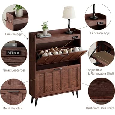 ChooChoo Shoe Storage Cabinet with 2 Flip Drawers, Deodorizing Shoe Organizer Storage for Entryway, Freestanding Hidden Slim Narrow Shoe Rack Cabinet, Walnut - Image 4