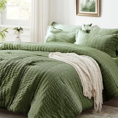 Zzlpp Queen Comforter Set 7 Pieces, Olive Green Seersucker Bed in a Bag with Comforter and Sheets, All Season Bedding Sets with 1 Comforter, 2 Pillow Shams, 2 Pillowcases, 1 Flat Sheet - Image 2