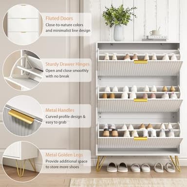 NOVAMAISON Slim Shoe Cabinet with 3 Flip Drawers, Fluted Shoe Cabinet Storage for Entryway, Narrow Shoe Storage Cabinet, Modern Freestanding Shoe Rack Organizer for Entryway, White - Image 5