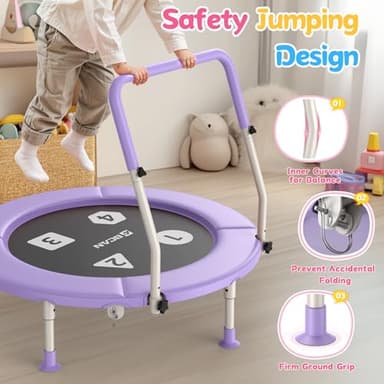 BCAN 36'' Toddler Trampoline, ASTM Certified-Foldable Mini Trampolines for Kids Ages 1-6, Adjustable Handle, Safety Pad & Foldable Legs, Baby Trampoline Indoor/Garden, Gift for Boy and Girl, Purple - Image 2