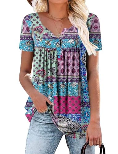 ROSELINLIN Womens Floral Tunic Tops Summer Dressy Casual Tops Short Sleeve V Neck Shirts Blue Blocks XL - Image 1
