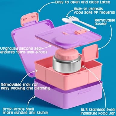 Fimibuke Bento Box for Kids Adult with Thermos, 3-4 Compartment 60OZ Toddler Lunch Box Container with Leakproof 8OZ Insulated Food Jar, Sauce Jar, Utensil for School Boy Girl, BPA-Free Dishwasher Safe - Image 5