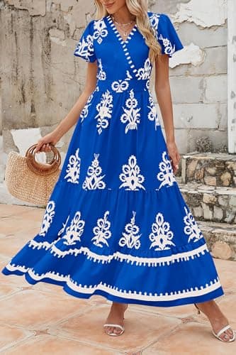 PRETTYGARDEN Womens 2025 Summer Casual V Neck Boho Maxi Dress Flowy Aline Bell Sleeve Tiered Floral Dresses with Pocket (Floral Royal Blue White,Medium) - Image 8