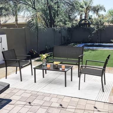 Greesum 4 Pieces Patio Furniture Set Outdoor Conversation Textilene Fabric Chairs for Lawn, Garden, Balcony, Poolside with A Glass Coffee Table, Black - Image 2