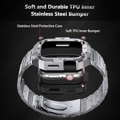 Stainless Steel Case with Band Compatiable for Apple Watch Band 44mm -Rugged Metal iWatch Bumper Cover and Strap for Men iWatch Bands Series 6 5 4,Silver - Image 4