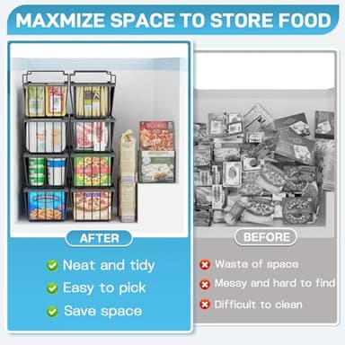 SUNALLY Freezer Organizer Bins, 4 Pack Stackable Chest Freezer Organizer for 5-7 Cu.FT Deep Freezer Sort Frozen Meats and Food, Freezer Storage Baskets with Handles Easy Reach from Bottom, Black - Image 5