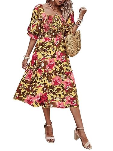 PRETTYGARDEN Women's Summer Dresses 2025 Casual Midi Spring Puff Sleeve Square Neck A Line Flowy Ruffle Boho Floral Smocked Sundress (Light Yellow Red Flower,M) - Image 1