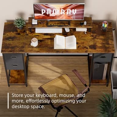 Pamray 55 Inch Computer Desk with Non-Woven Storage Drawers and Monitor Stand Home Office Desk for Bedroom Study Table Writing and Work Desk Black - Image 4