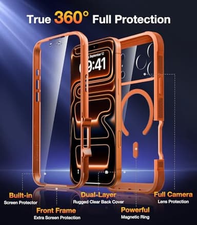 Diaclara Magnetic Designed for iPhone 17 Pro Case Full Body Bumper,[Compatible with MagSafe] Military Drop Proof Cover with Built-in Touch Sensitive Anti-Scratch Screen Protector,Orange - Image 2