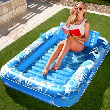 SLOOSH Inflatable Tanning Pool Lounger Float, 70" x 46" Pool Floats Adult with Pillow, 4 in 1 Suntan Tub Raft Floatie,Sunbathing Bed Lounge for Water Blow Up Kids Ball Pit Party Gifts, L-Blue - Image 1