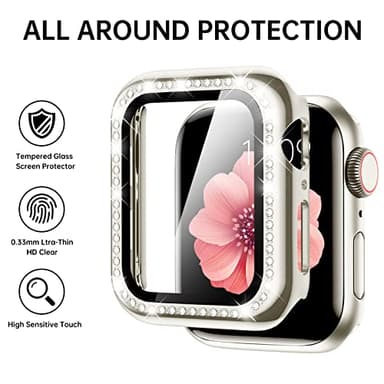 Mesime Compatible with Apple Watch Band 38mm 40mm 41mm 42mm 44mm 45mm , Women Girl Bling Diamond Jewelry Metal Strap Bands with Crystal Tempered Glass Screen Protector Case, Round Shiny Bracelet - Image 3