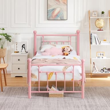 VECELO Twin Size Metal Platform Bed Frame with Headboard and Footboard, Heavy Duty Slat Support/No Box Spring Needed Mattress Foundation/Underbed Storage Space, Victorian Style - Image 4