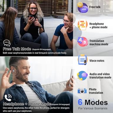 AI Language Translator Earbuds Real Time, 164 Language/6 Translation Modes Translator Earbuds 3-in-1 Translation Headphones, Bluetooth 5.4 Translation Device for Travel Business Learning, Black - Image 3