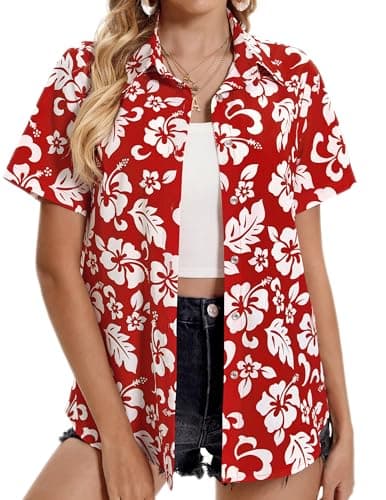 Hawaiian Shirts for Women, Summer Tropical Shirts Womens Floral Tops Beach Button Up Shirts for Women Luau Outfits Hawaii Short Sleeve Blouses for Ladies, Aloha Shirt for Party, Flower Red, Small - Image 1